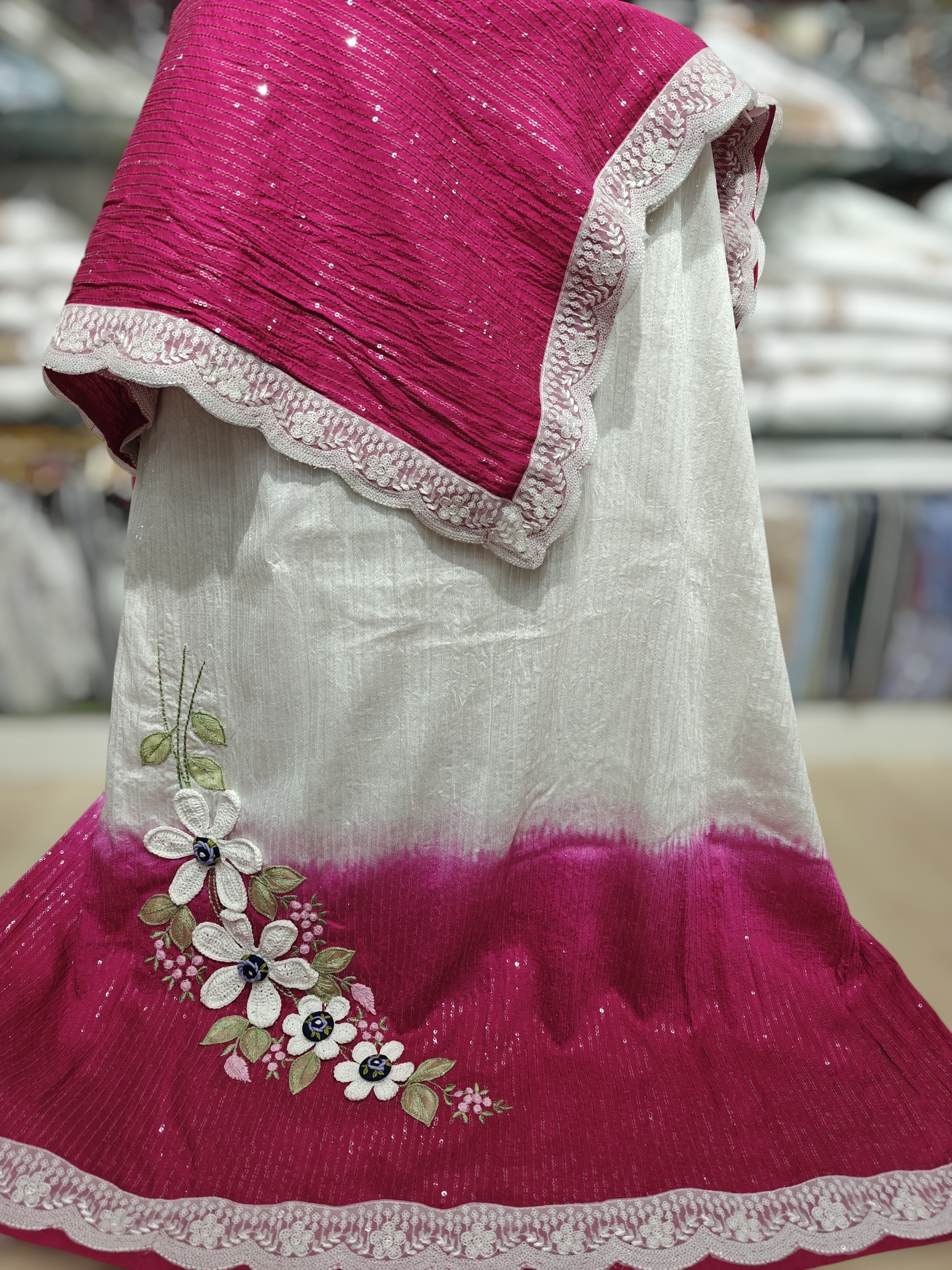  White and Rani Pink Combination Chanderi Sequins Ombre Fabric Bridal Jori, Blouse Pc and Lining Plain White Milan Satin Fabric Semi Bridal 